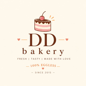 DDBakery logo: a cake slice with a cherry, 100% eggless, since 2015